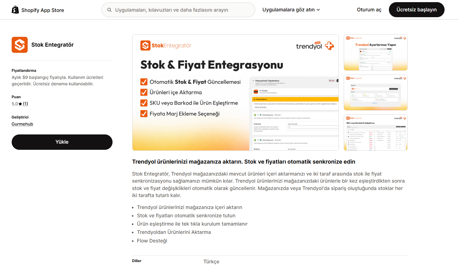 Stok Entegratör Shopify App Store kurulum ekranı